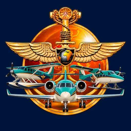 AeroTrainer emblem: gold wings over a globe with a seaplane, a twin turboprop and a business jet